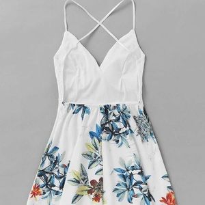 Criss Cross Back Lace Panel Plant Print Dress